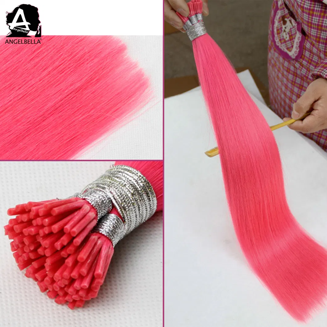 Angelbella Silky Straight Hair Extension Pink Color Flat Tip Virgin Human Hair Extensions