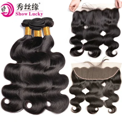 Tissage en lot brésilien Remy Body Wave avec Frontal, couleur noire naturelle, cheveux sains alignés avec cuticules, vierges